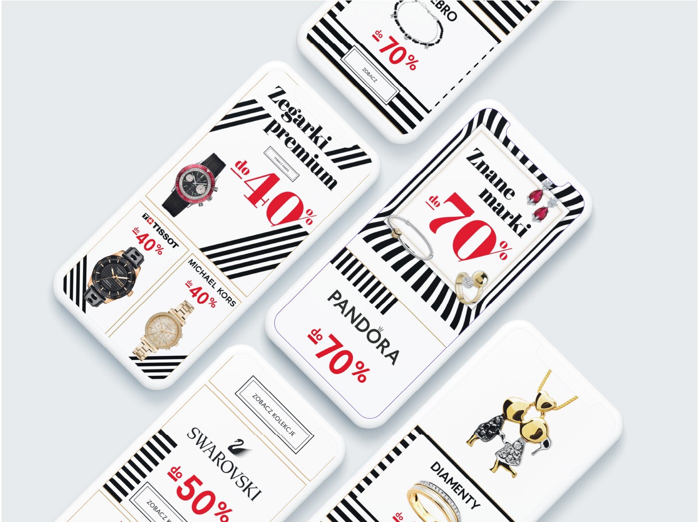 Mockupy stron internetowych na smartfonach prezentujące promocje na zegarki i biżuterię marek Tissot, Michael Kors, Pandora, Swarovski i inne, z dynamicznymi paskami w tle.