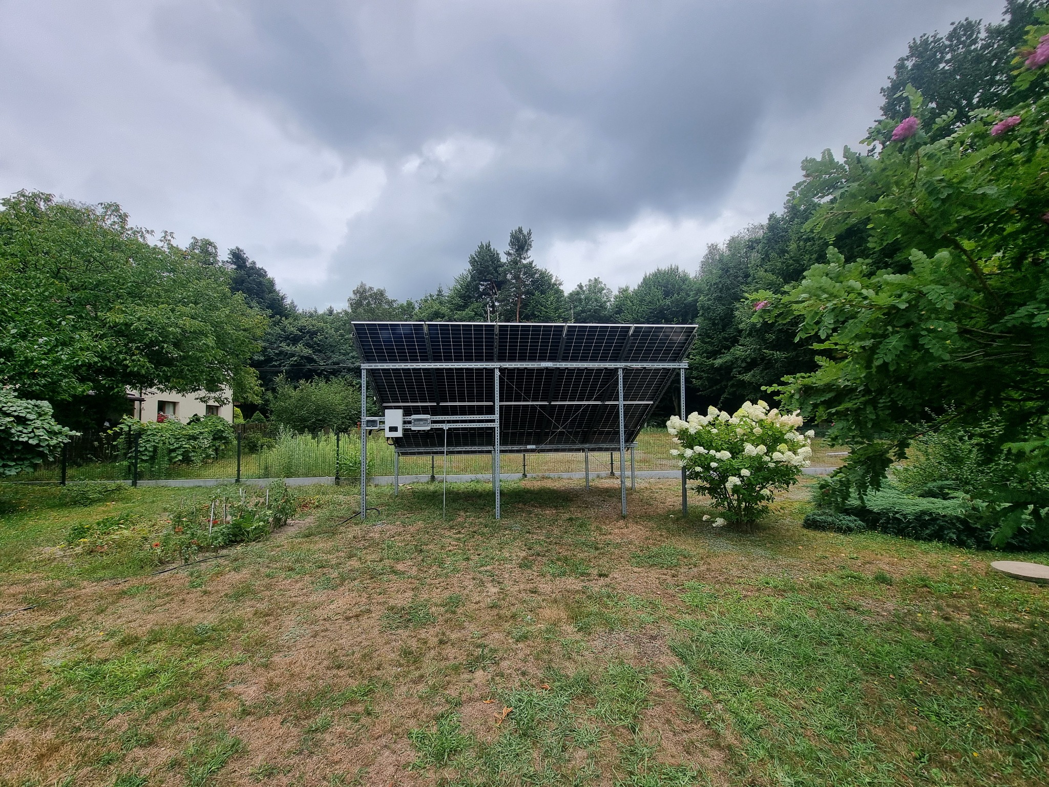 Naziemna instalacja fotowoltaiczna z widoczną konstrukcją wsporczą umieszczona na trawniku w ogrodzie, obok kwitnącego krzewu hortensji i warzywnika.