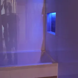 Nowoczesna łazienka z wanną obudowaną białą płytką z drewnianym akcentem, podświetlona niebieskim światłem LED, z wnękami w ścianie również podświetlonymi na niebiesko.