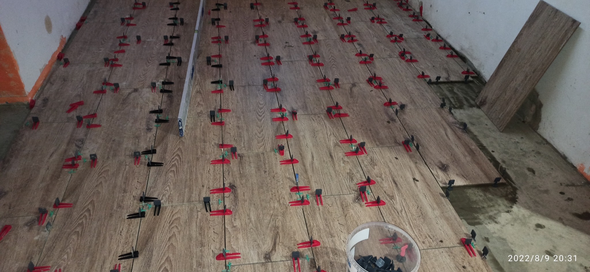 Układanie brązowych płytek podłogowych imitujących drewno z użyciem czerwonych i czarnych klipsów poziomujących, widoczna pusta przestrzeń bez płytek przy ścianie i wiadro z czarnymi klipsami.