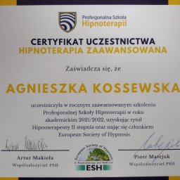 Certyfikat uczestnictwa w rocznym kursie hipnoterapia zaawansowana