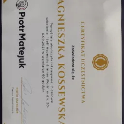 Certyfikat ukończenia szkolenia z zakresu 'Self Hypnosis & Inner Work' dla Agnieszki Kossewskiej, wydany przez Piotra Matejuka, trenera hipnoterapii.