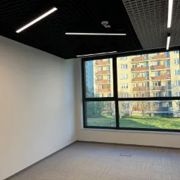 Puste, jasne biuro z dużym oknem wychodzącym na budynek mieszkalny i zielony teren, czarny sufit kasetonowy z liniowymi lampami LED, szara wykładzina dywanowa w geometryczny wzór.