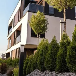 Nowoczesny budynek wielorodzinny z zagospodarowanym terenem: równo ułożona kostka brukowa, ozdobne kamienie, tuje i drzewa podparte palikami.