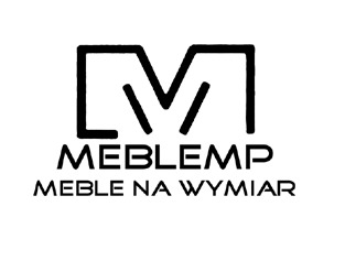 Czarno-białe logo firmy MEBLEMP z dużym, stylizowanym literałem 'M' w formie obramowania i napisem 'MEBLE NA WYMIAR' poniżej.