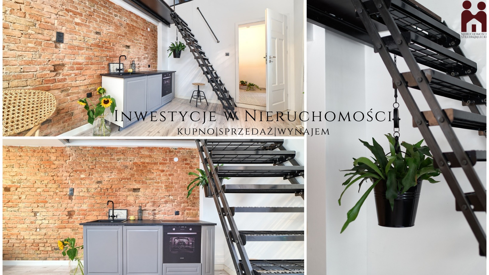 Loftowe mieszkanie z ceglaną ścianą, szarą zabudową kuchenną, metalowymi schodami drabinkowymi i wiszącą rośliną.