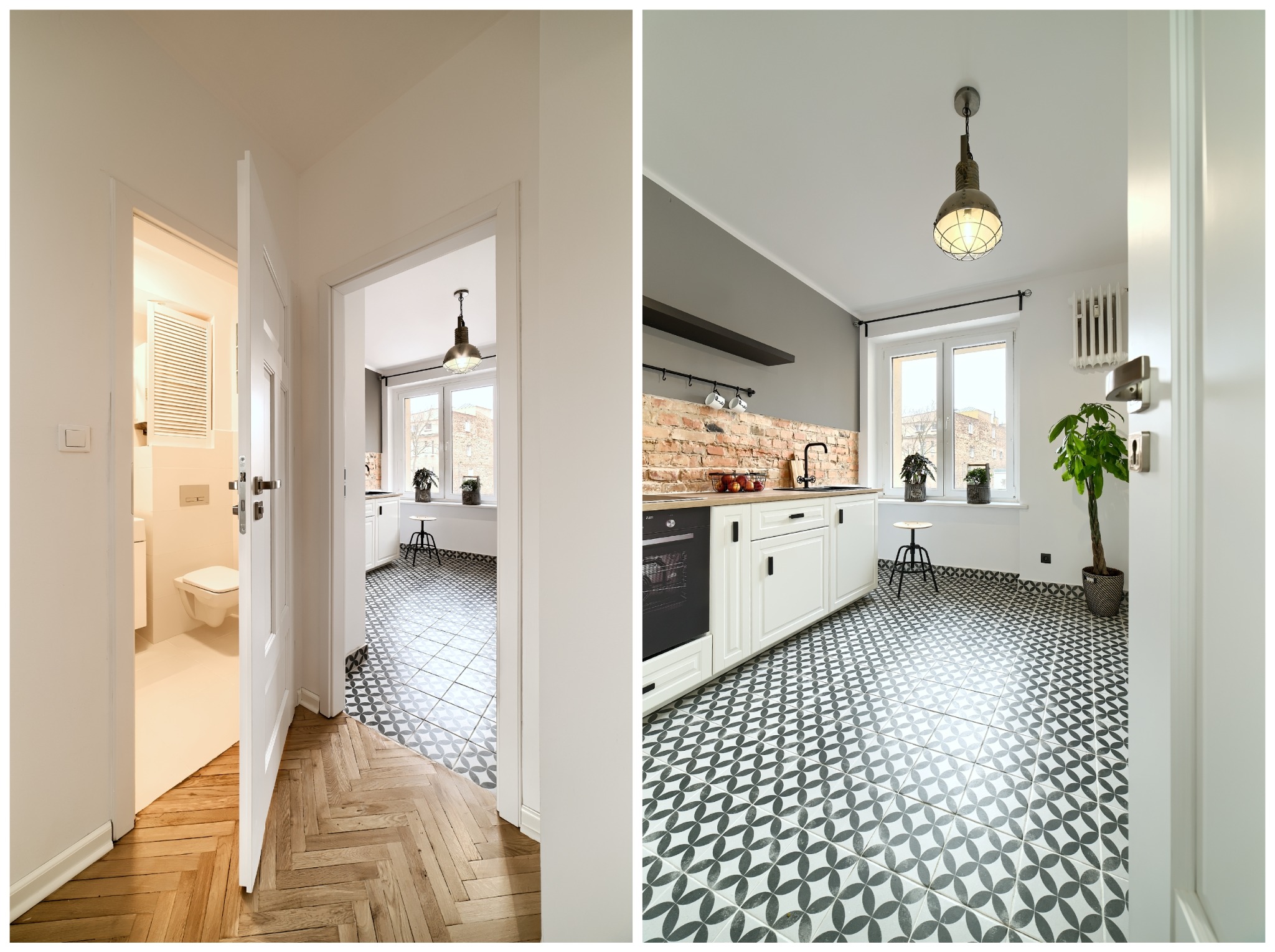Dwuczęściowe ujęcie: po lewej otwarta łazienka z toaletą i drewnianą podłogą w jodełkę, po prawej kuchnia z białą zabudową, ceglaną ścianą, wzorzystą podłogą i industrialną lampą.