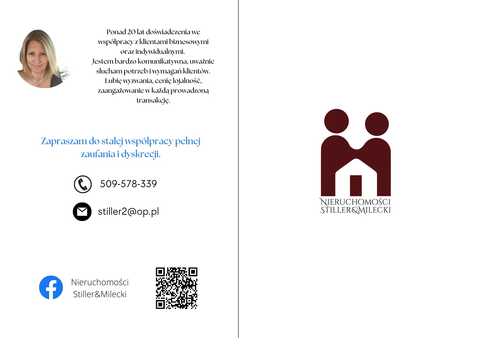 Wizytówka firmy Nieruchomości Stiller&Milecki z portretem kobiety, numerem telefonu, adresem email, logo Facebooka i kodem QR.