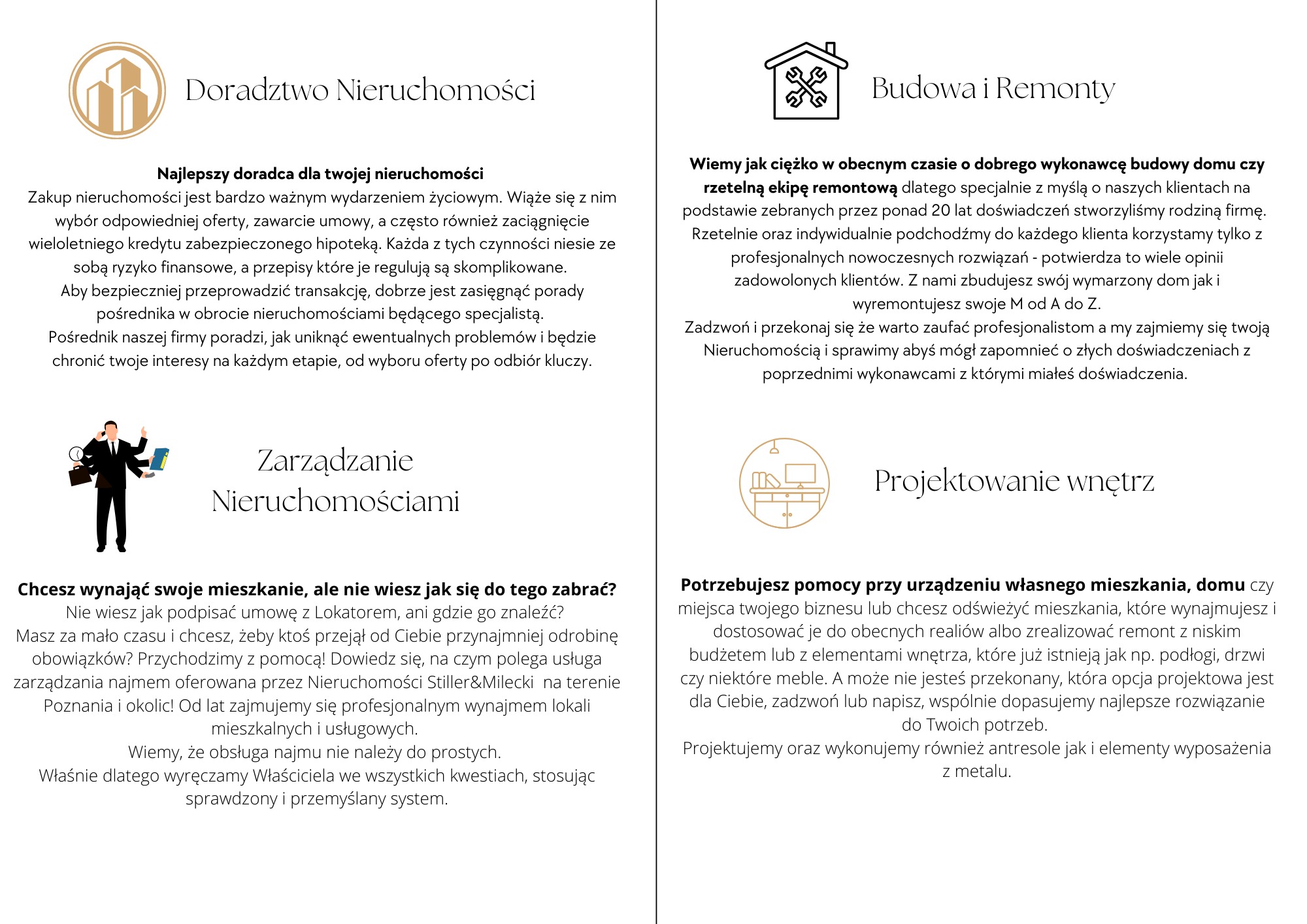 Graficzna prezentacja ofert firm z branży nieruchomości i remontów: doradztwo, budowa, zarządzanie najmem, projektowanie wnętrz.