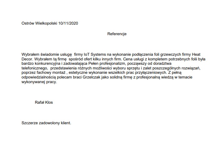 Skan referencji od klienta Rafała Klosa z Ostrowa Wielkopolskiego, datowany na 10/11/2020, polecający firmę IoT Systems za profesjonalne podłączenie folii grzewczych firmy Heat Decor.