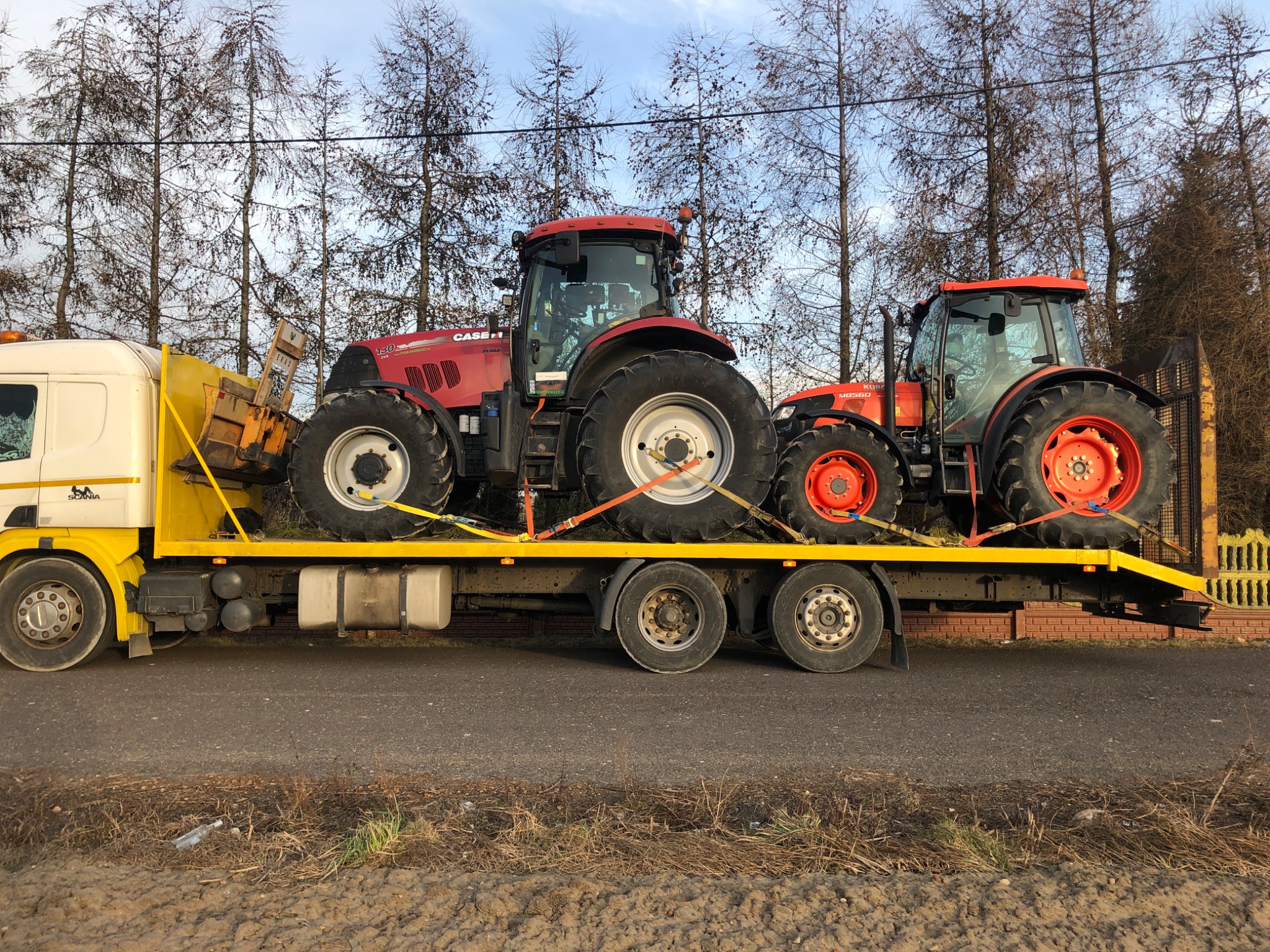 Żółta ciężarówka transportuje dwa traktory: czerwony Case IH Puma i pomarańczowy Kubota M8560, zabezpieczone pasami transportowymi na platformie. W tle widoczne nagie drzewa i błękitne niebo.