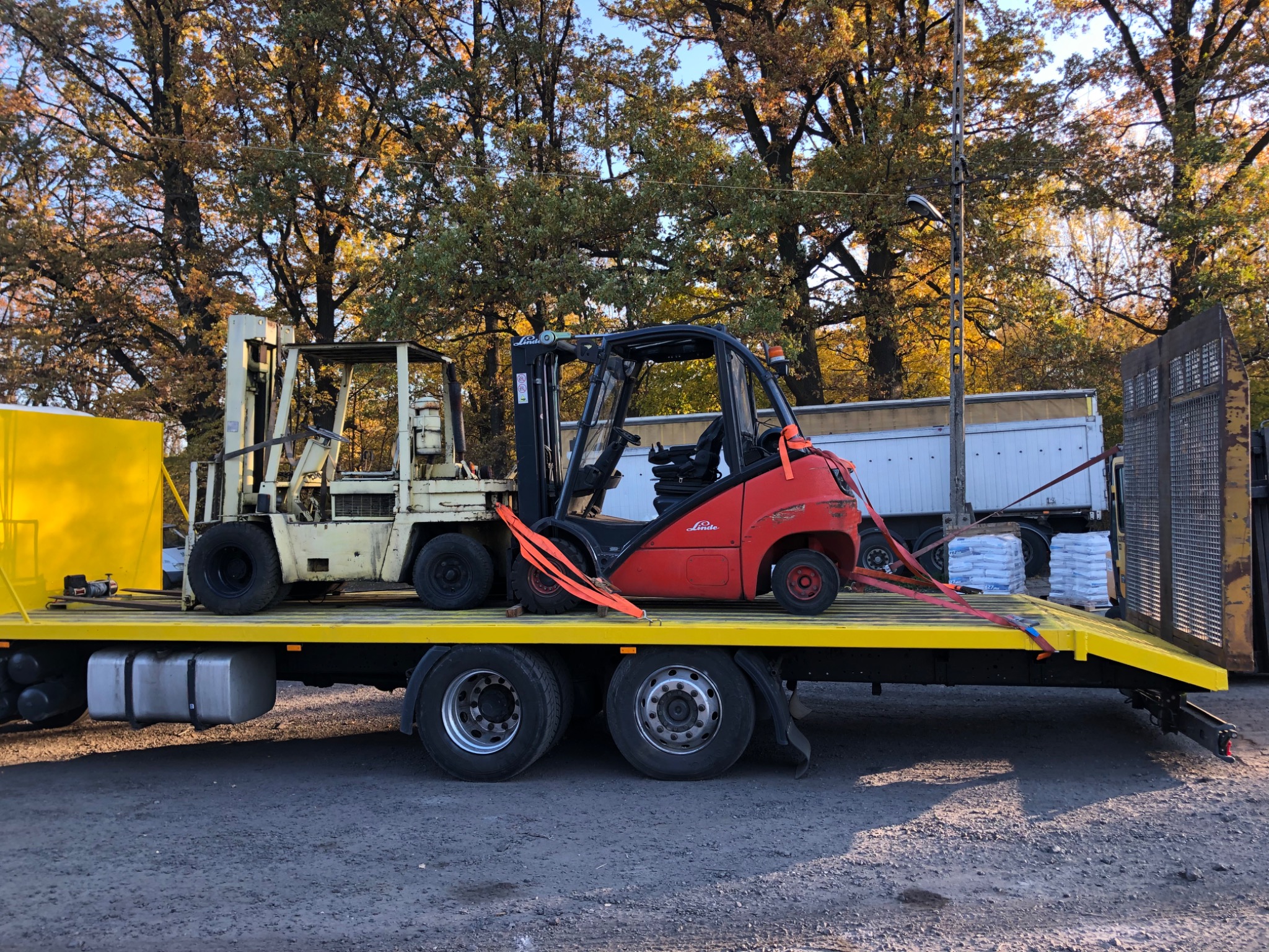 Dwa wózki widłowe, jeden czerwony Linde i drugi żółty, zabezpieczone pomarańczowymi pasami transportowymi na żółtej platformie niskopodwoziowej w jesiennej scenerii.