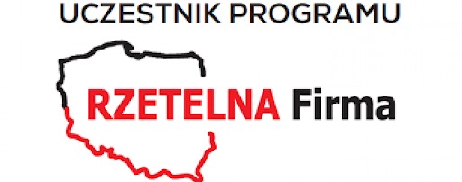 Logo programu Rzetelna Firma z konturem Polski, czarno-czerwone na białym tle, napis Uczestnik Programu nad logiem.