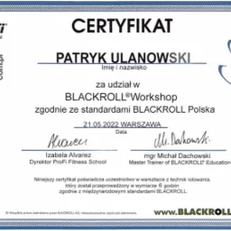 Certyfikat ukończenia warsztatów BLACKROLL dla Patryka Ulanowskiego, wydany przez ProFi Fitness School, potwierdzający udział w warsztacie z technik rolowania w Warszawie, 21.05.2022.