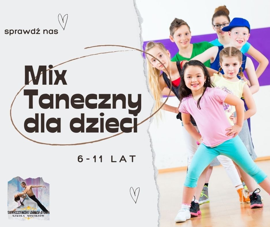 Grupa uśmiechniętych dzieci w różnym wieku, ustawionych w rzędzie, pozujących na tle plakatu z napisem 'Mix Taneczny dla dzieci 6-11 LAT' i logo studia.