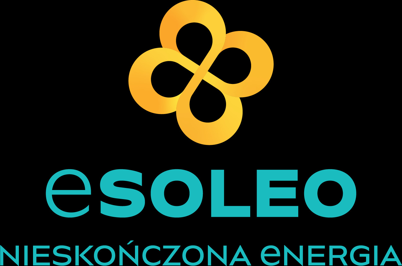 Logo firmy eSOLEO z symbolem nieskończoności w kolorze złotym i napisem 'NIESKOŃCZONA ENERGIA' w kolorze turkusowym na czarnym tle.