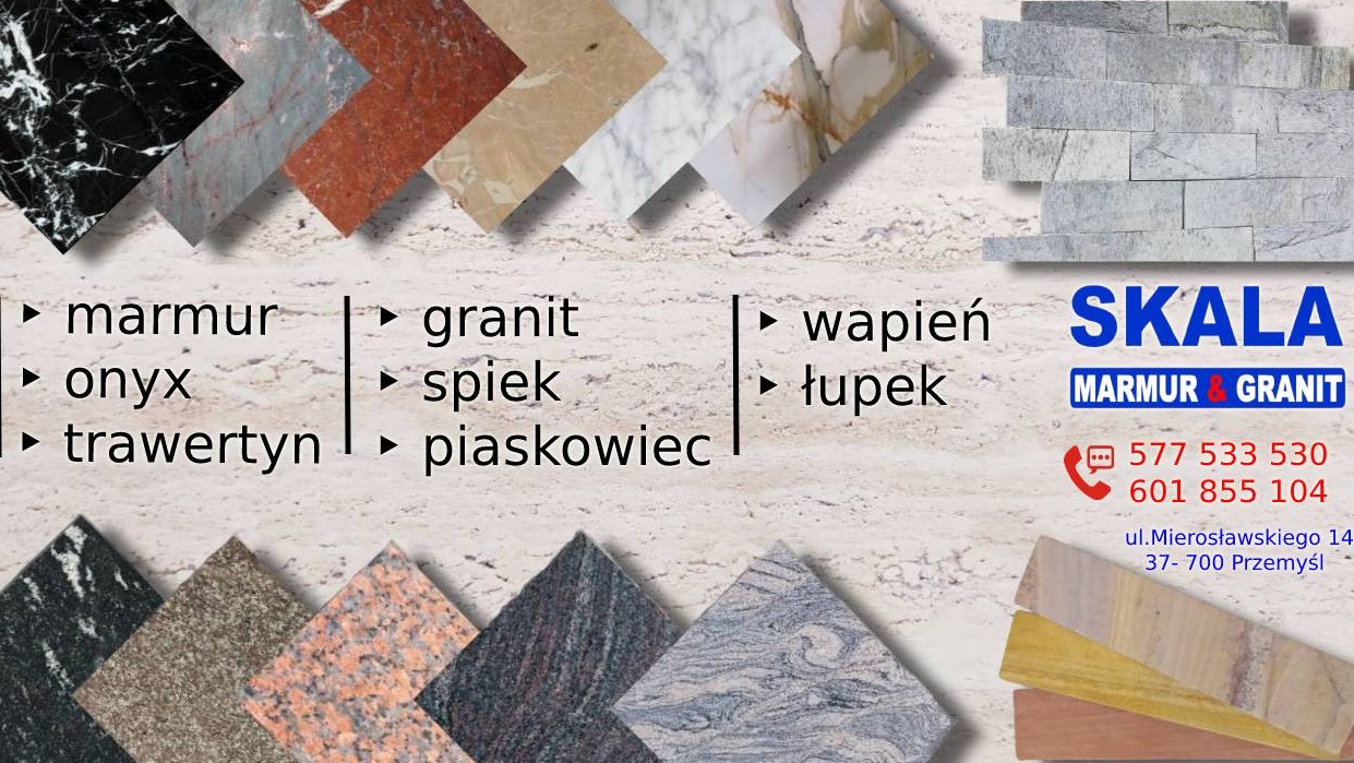 Prezentacja różnorodnych próbek kamieni naturalnych: marmur, onyx, trawertyn, granit, spiek, piaskowiec, wapień i łupek, z logo firmy SKALA MARMUR & GRANIT oraz danymi kontaktowymi.
