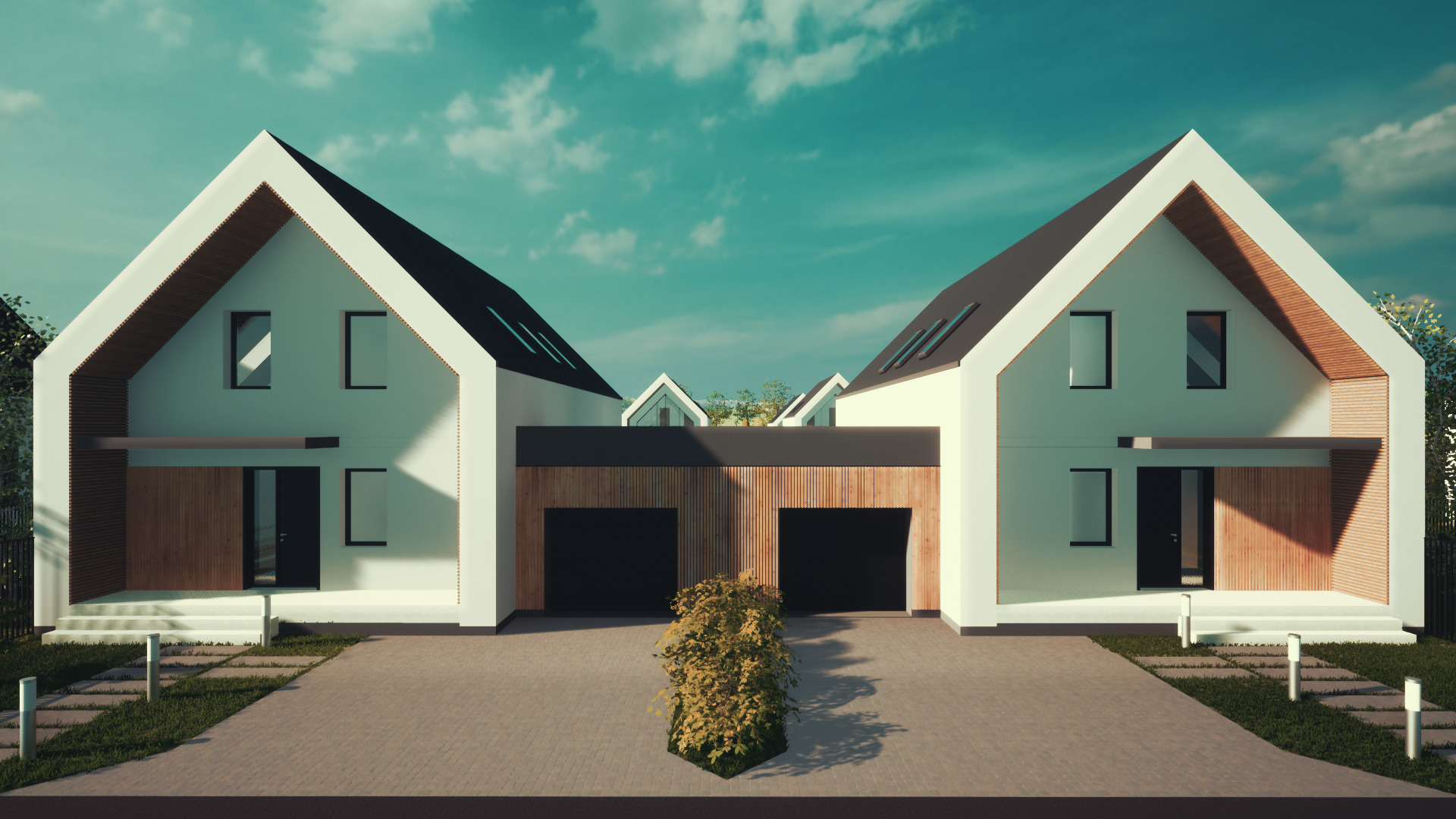 Wizualizacja bliźniaczych domów jednorodzinnych z garażami, nowoczesny design, białe elewacje z drewnianymi akcentami, dwuspadowe dachy z oknami połaciowymi, kostka brukowa na podjeździe, krzew...