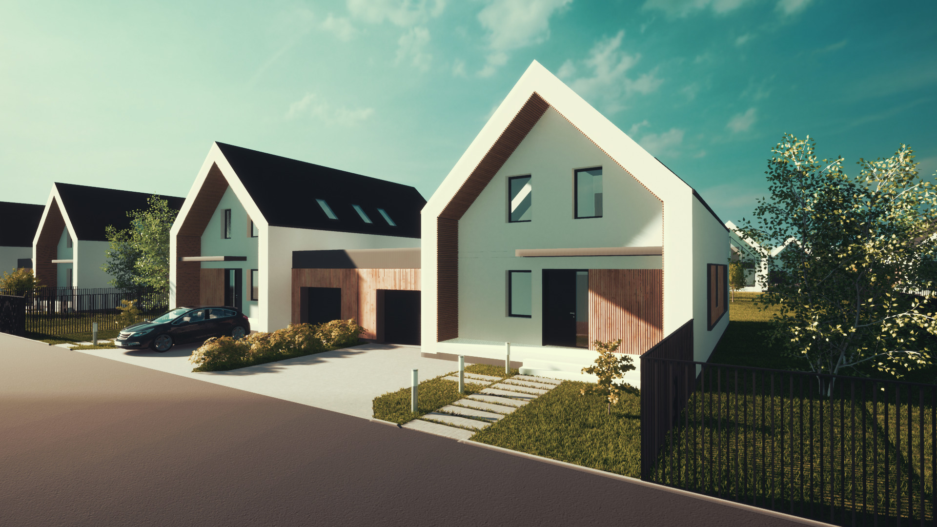 Wizualizacja osiedla domów jednorodzinnych z białymi elewacjami i czarnymi dachami, z elementami drewnianymi, podjazd z kostki, samochód osobowy zaparkowany przed jednym z domów, ogrodzenie...