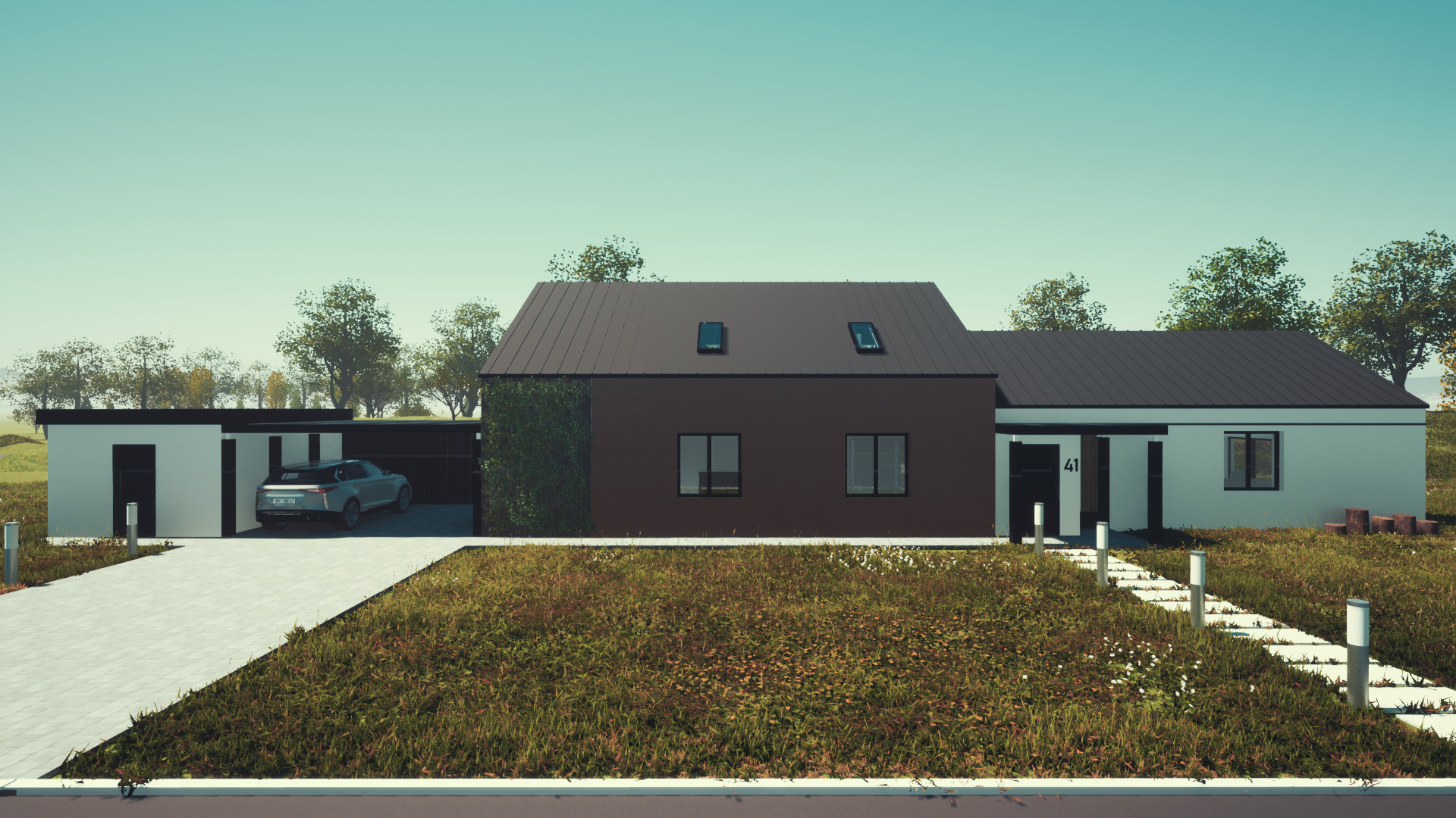 Wizualizacja nowoczesnego domu jednorodzinnego z garażem, elewacja w kolorach bieli i brązu, dach dwuspadowy z oknami dachowymi, roślinność pnąca na ścianie, podjazd z kostki brukowej, oświetlenie...