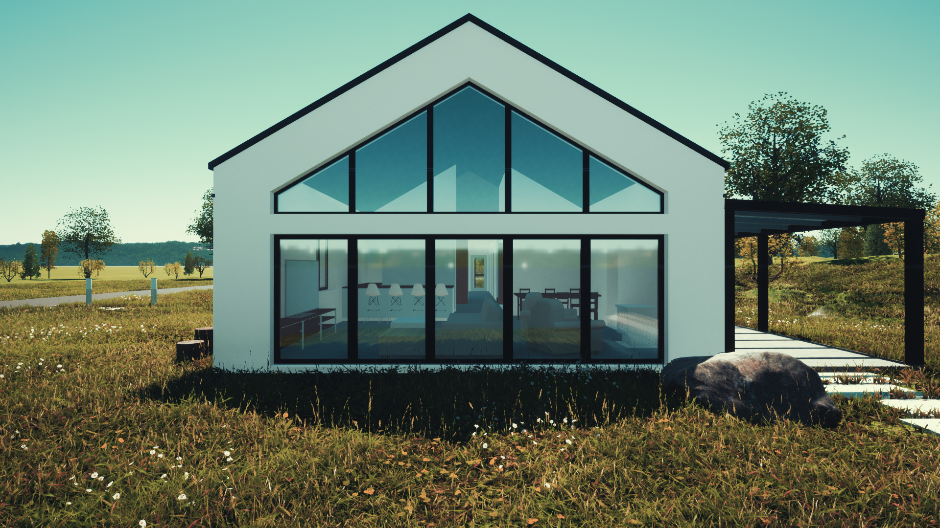 Nowoczesny dom z białymi ścianami i dużymi przeszkleniami, widok z zewnątrz na tle łąki i drzew, minimalistyczna pergola z tyłu.