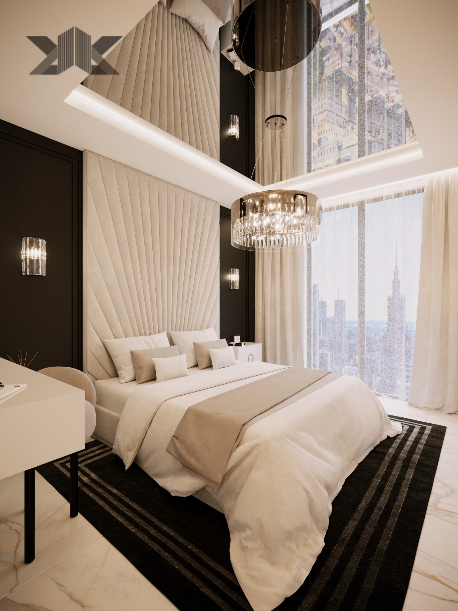 Elegancka sypialnia z tapicerowanym zagłówkiem w kształcie wachlarza, kryształowym żyrandolem i widokiem na miasto za oknem.