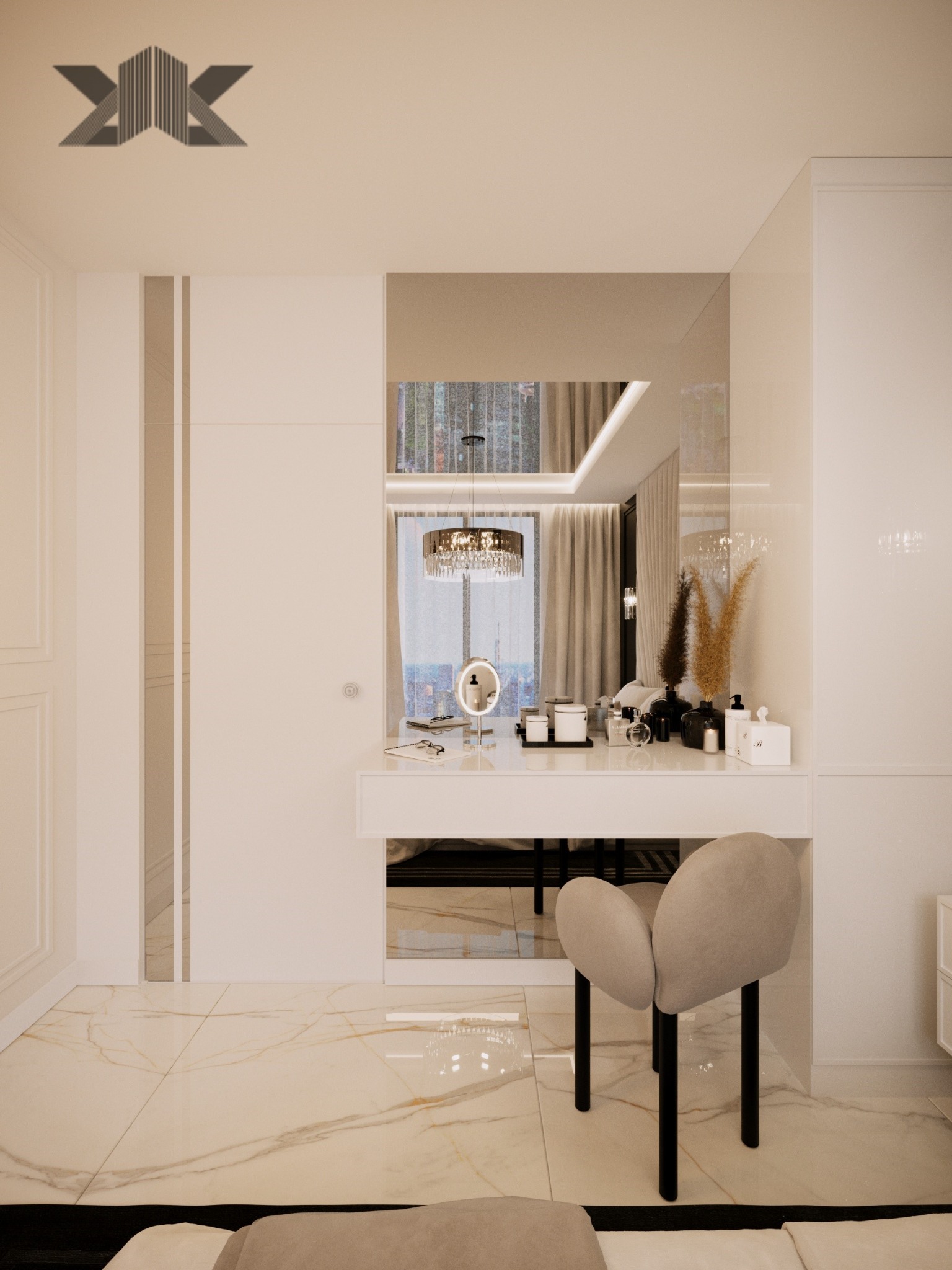 Elegancka toaletka z lustrem w nowoczesnej sypialni, oświetlona wiszącym żyrandolem, z dekoracyjnymi wazonami i krzesłem na tle marmurowej podłogi.