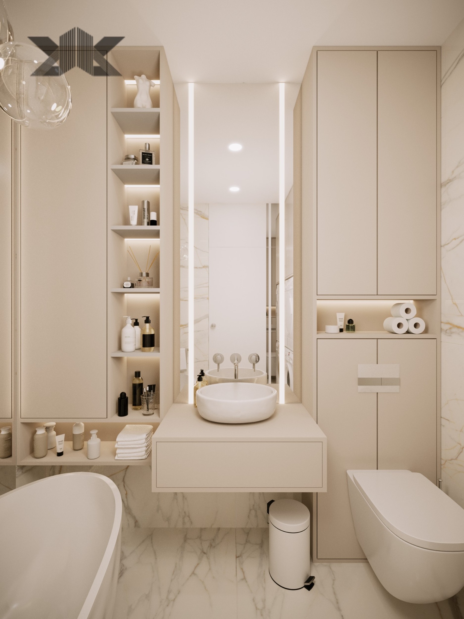 Nowoczesna łazienka w beżowej kolorystyce z marmurową podłogą, owalną umywalką na blacie, podświetlanym lustrem, wiszącą toaletą i zabudowanymi szafkami z oświetlonymi półkami.