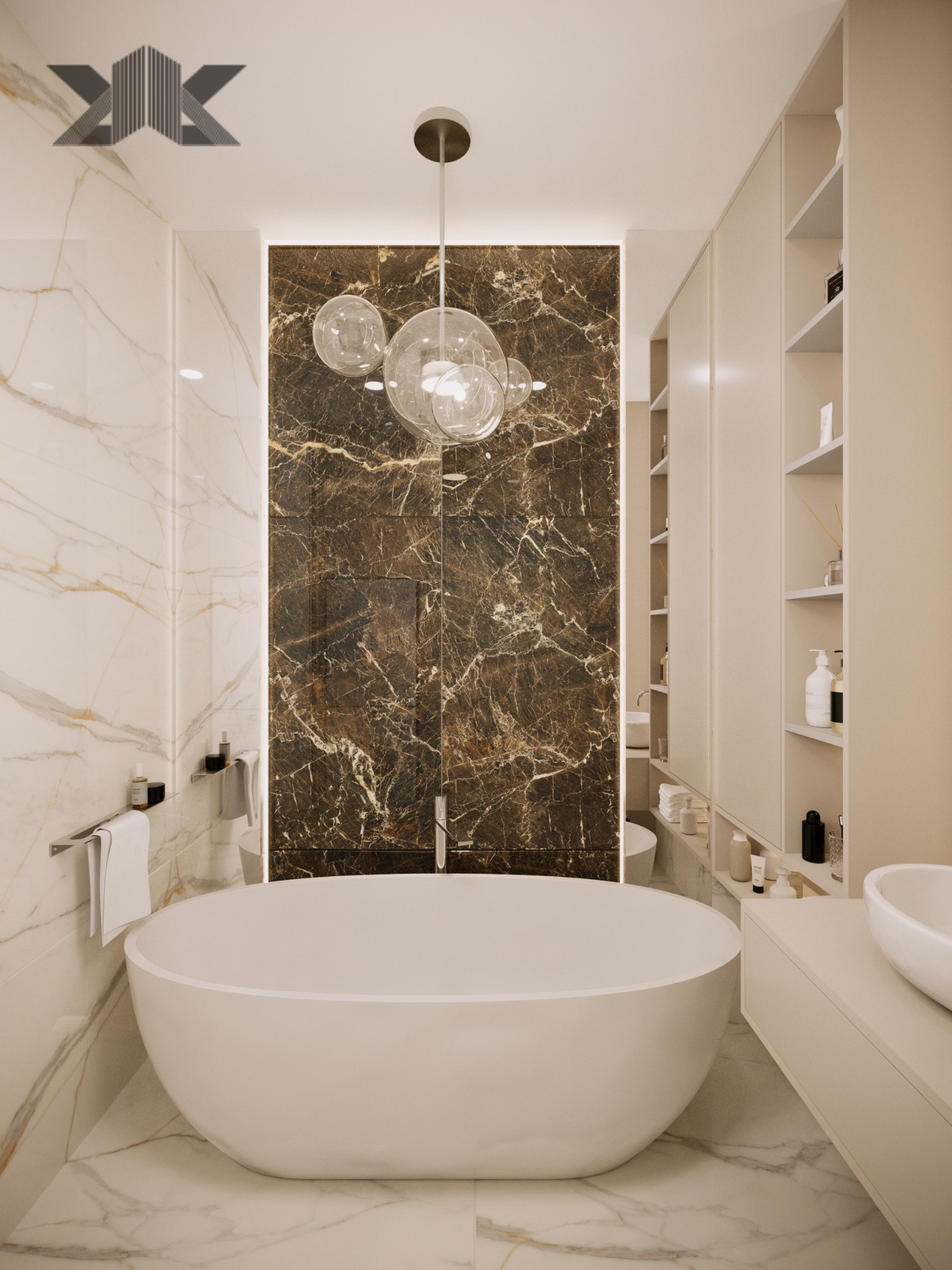 Nowoczesna łazienka z wolnostojącą wanną na tle ściany z brązowego marmuru, oświetlona designerską lampą z kulistych kloszy.