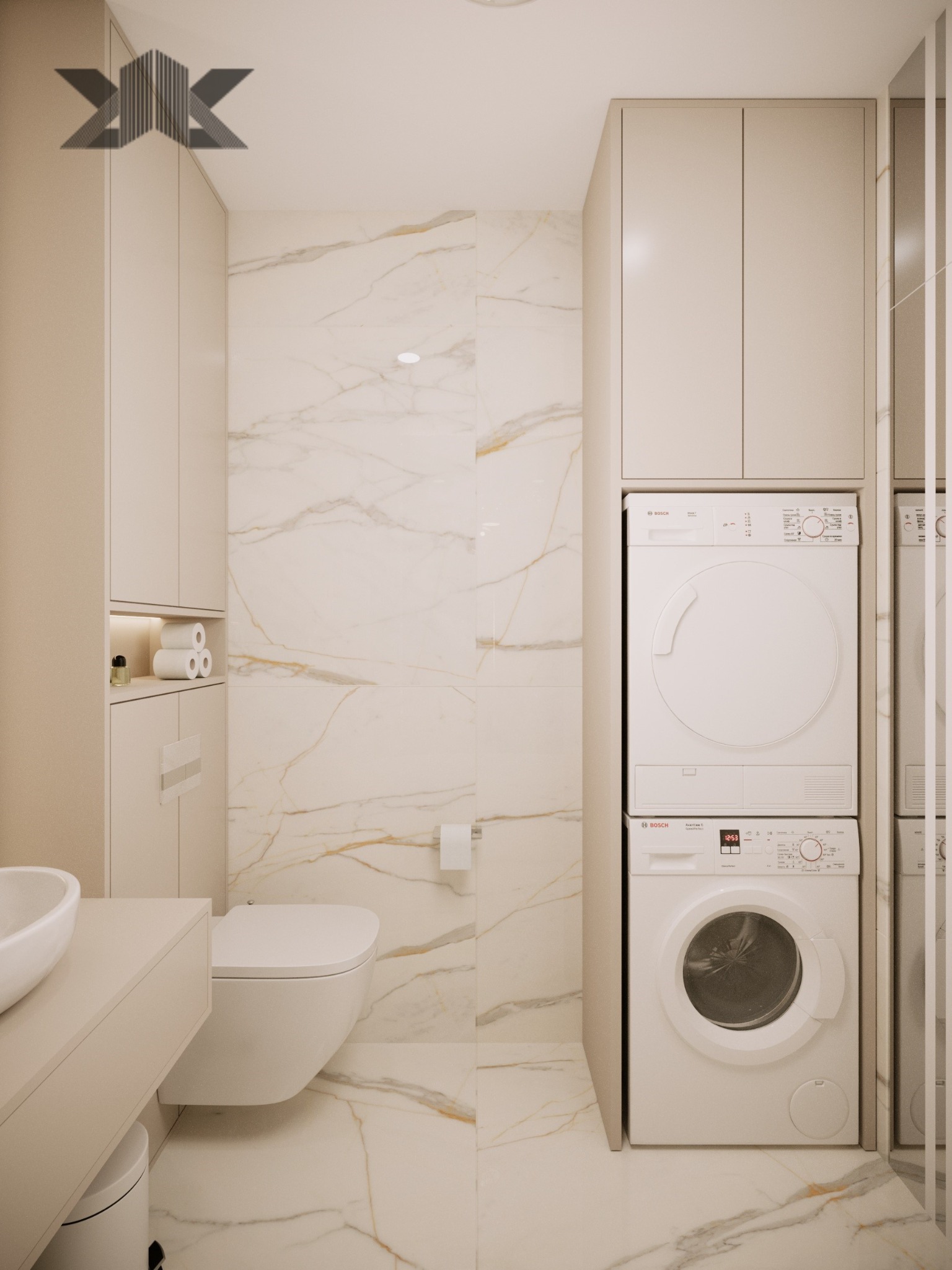 Nowoczesna łazienka w beżowej kolorystyce z marmurowymi płytkami, wiszącą toaletą, umywalką nablatową i pralką z suszarką w zabudowie.