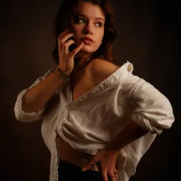 Portret kobiety w białej koszuli, z ręką przy twarzy i tatuażami na ciele, spoglądającej w bok na ciemnym tle.