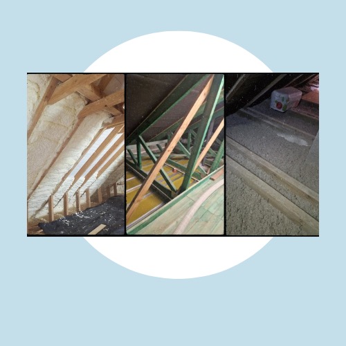 Kompozycja trzech zdjęć przedstawiających różne etapy izolacji poddasza: aplikacja pianki, widok konstrukcji drewnianej i izolacja wełną mineralną.