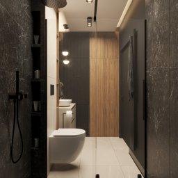 Sirocco Studio Jakub Łaski - Nowoczesna łazienka z czarnym marmurem, deszczownicą i drewnianymi szafkami. Minimalistyczny design, oświetlenie punktowe, kabina prysznicowa ze szkła.