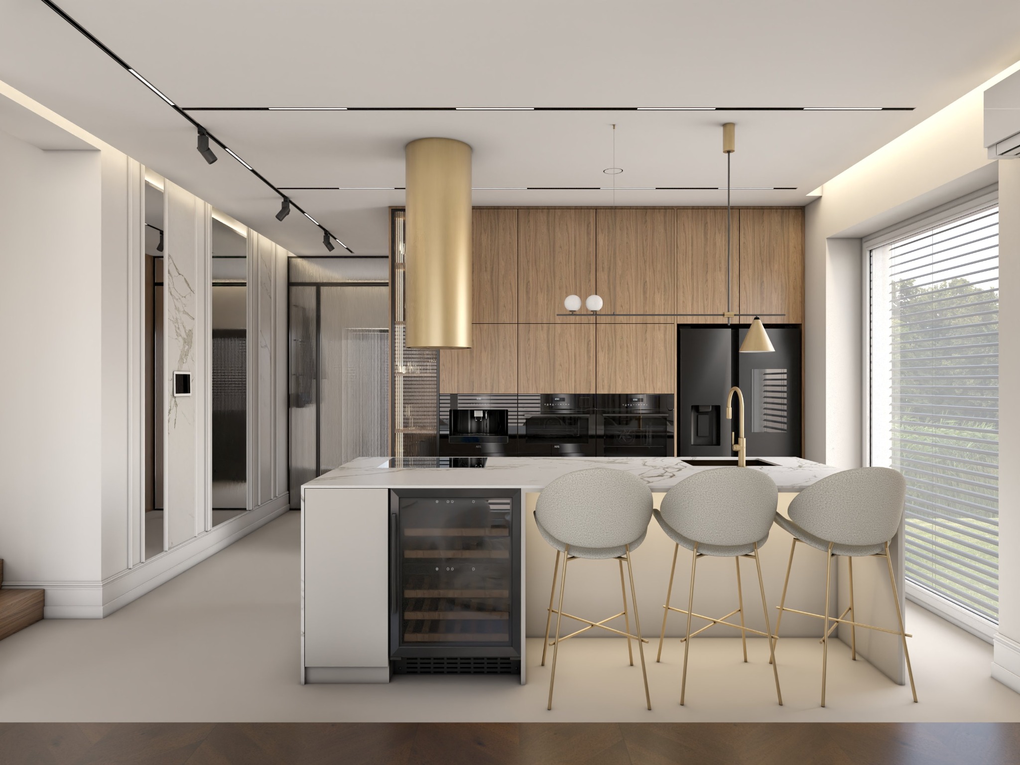 Nowoczesna kuchnia z wyspą, barkiem i złotymi akcentami. Minimalistyczny design, oświetlenie szynowe i marmurowy blat. W tle zabudowa kuchenna z czarnym sprzętem.