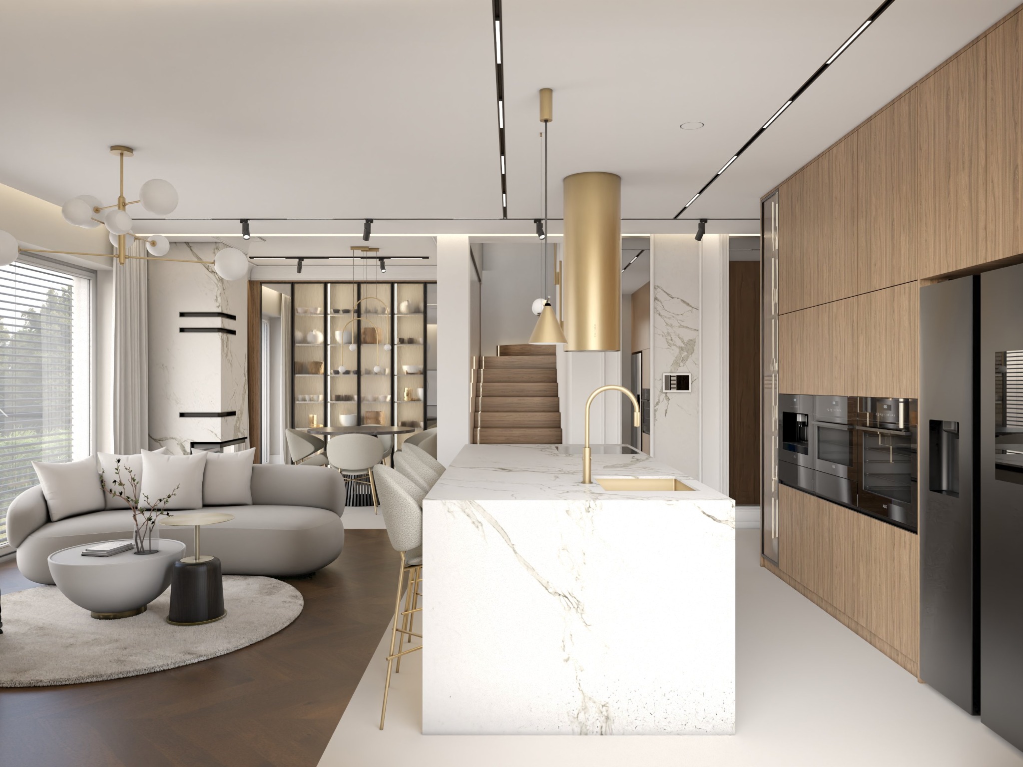 Nowoczesne wnętrze: salon z sofą i marmurową wyspą kuchenną. Złote akcenty, oświetlenie punktowe i drewniane wykończenia tworzą spójną całość.
