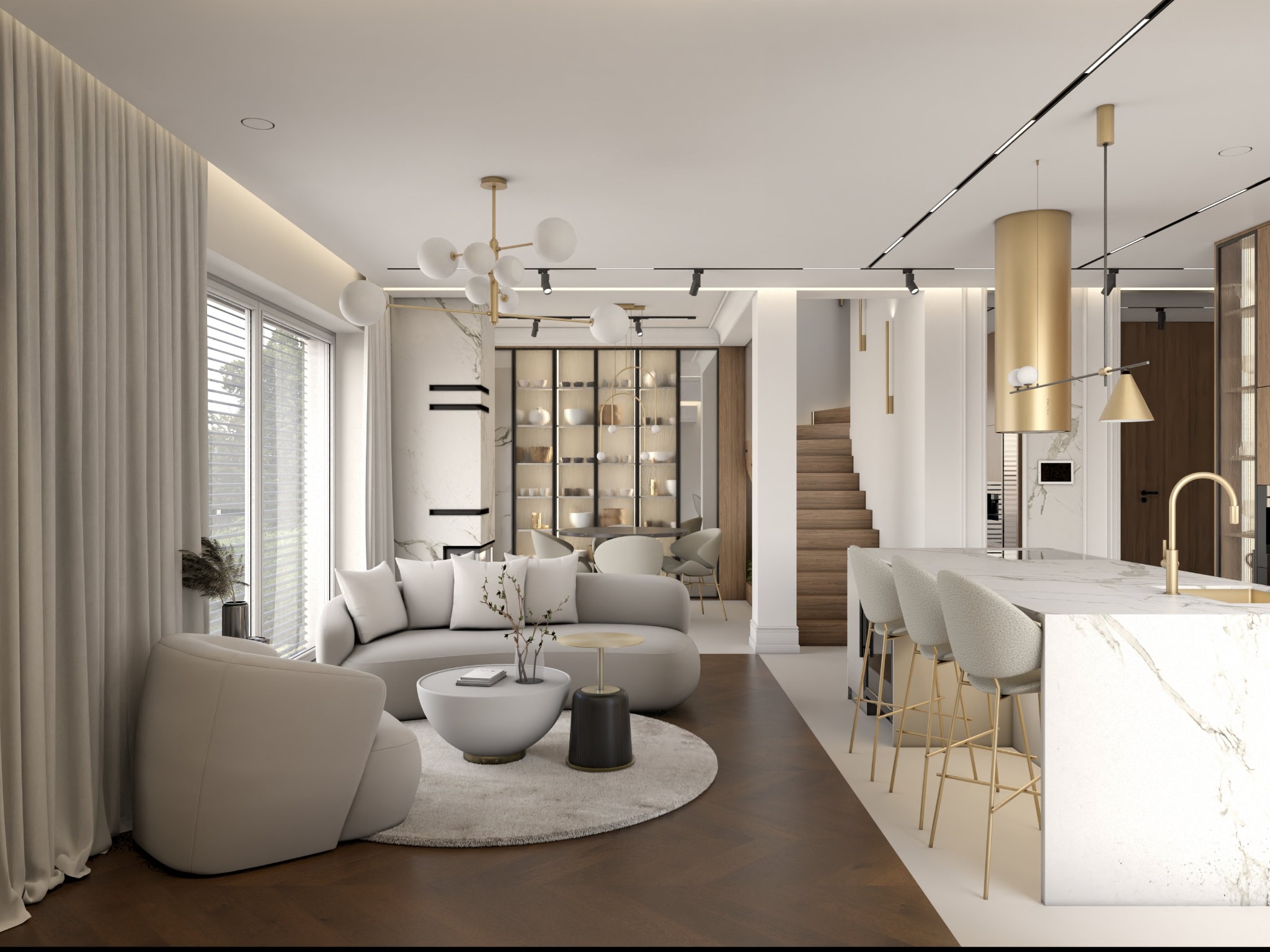 Elegancki salon z otwartą kuchnią. Marmurowa wyspa, krzesła barowe, sofa i fotel w jasnych barwach. Nowoczesne oświetlenie i drewniana podłoga.