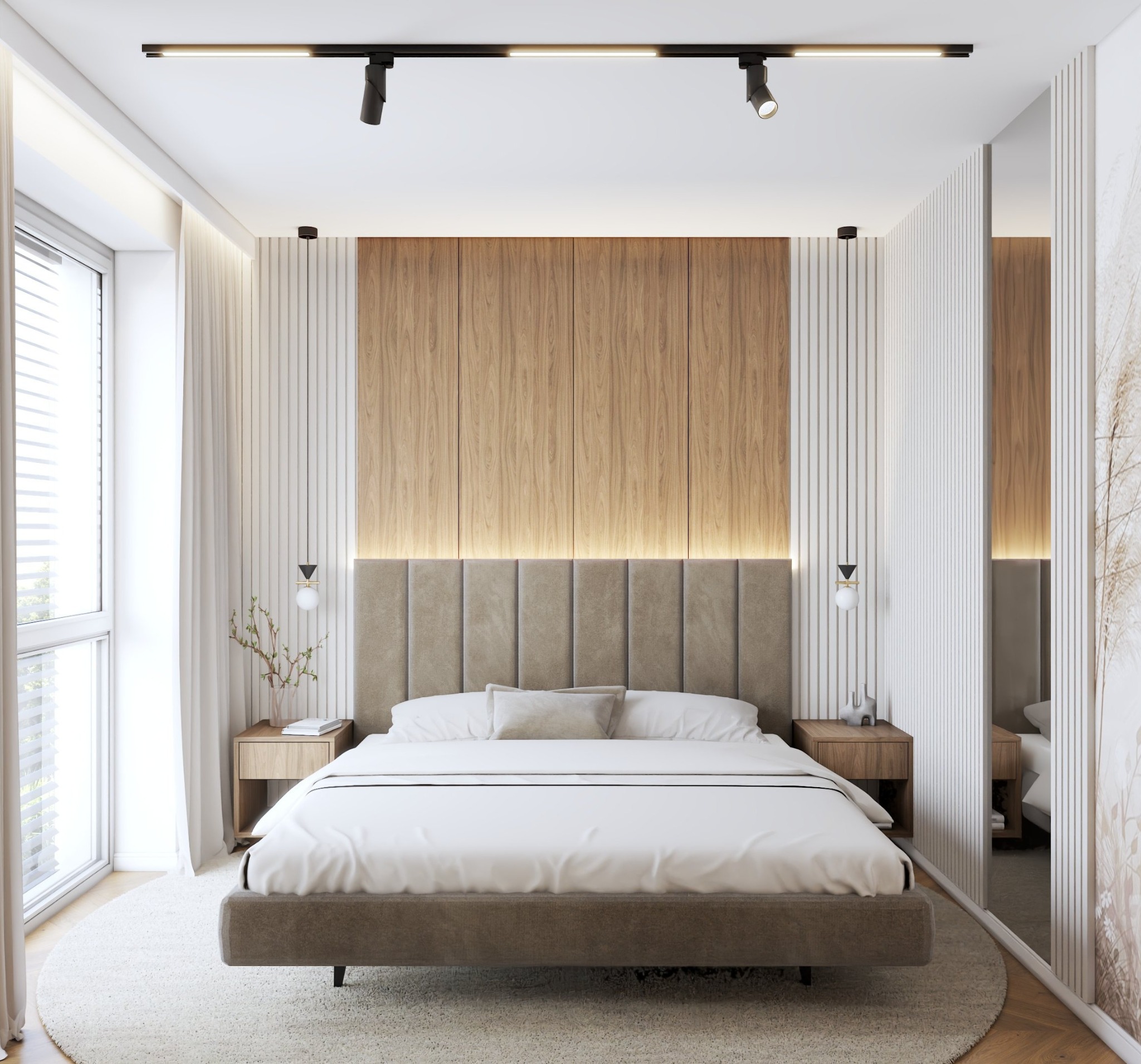 Jasna sypialnia w stylu nowoczesnym: drewniane panele ścienne, beżowe łóżko z zagłówkiem, okrągły dywan i lampy punktowe. Minimalistyczny design z elementami drewna.