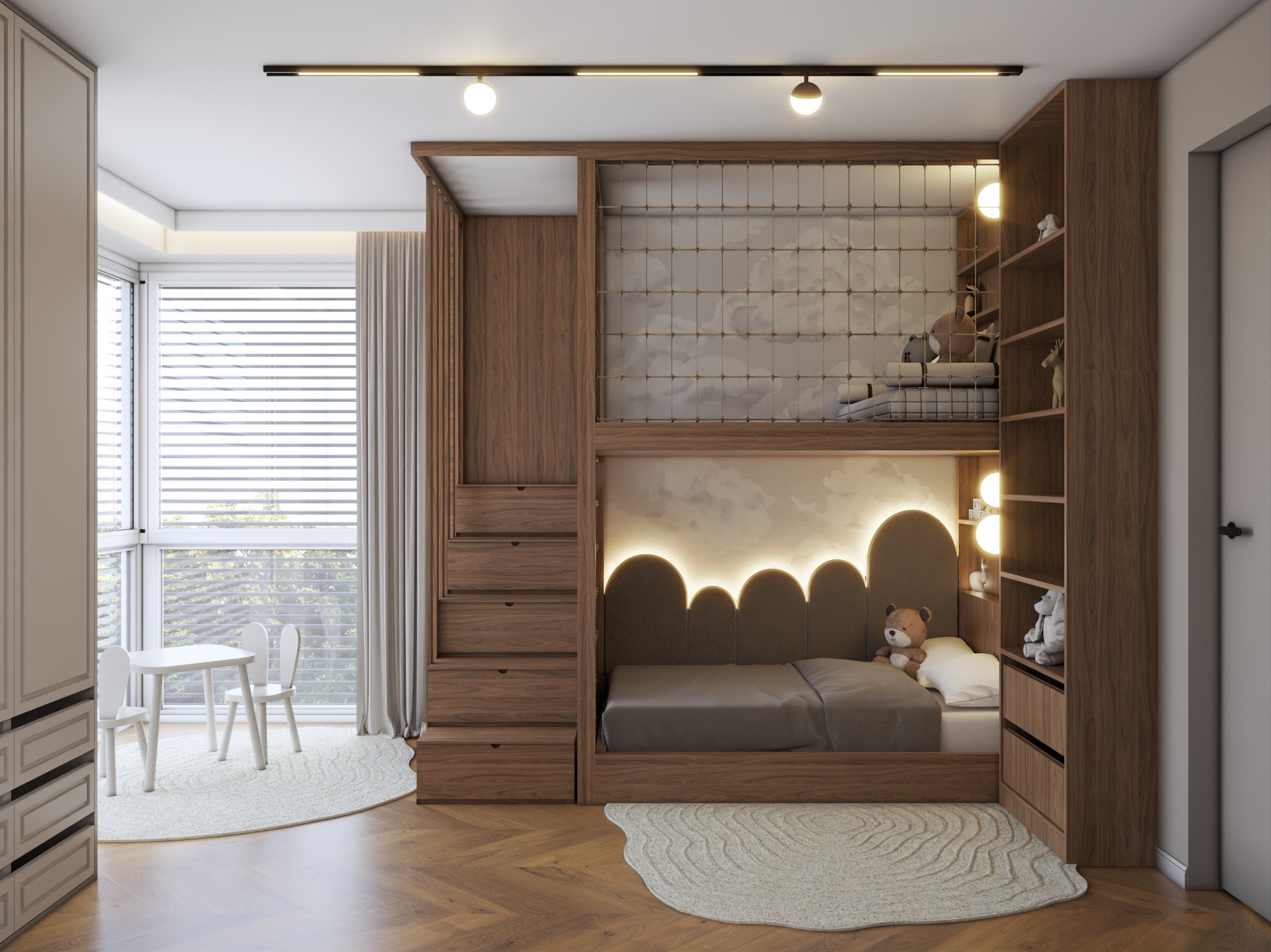 Pokój dziecięcy z drewnianym łóżkiem piętrowym z oświetleniem LED, biurkiem i krzesłami przy oknie. Na podłodze parkiet i okrągły dywan.