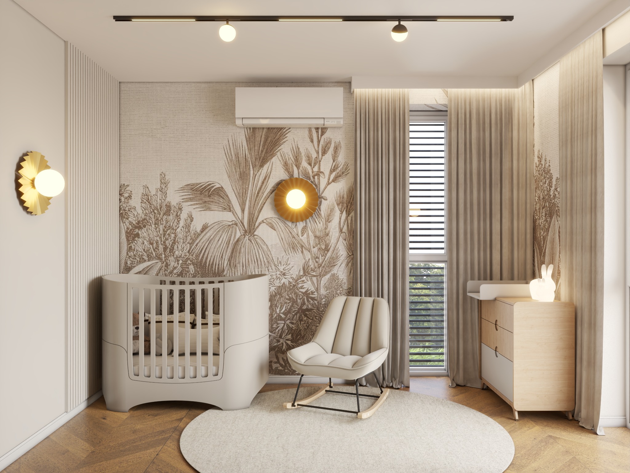 Jasny pokój dziecięcy z beżowym łóżeczkiem, fotelem bujanym i komodą z lampką w kształcie królika. Na ścianie tapeta w roślinny wzór i okrągłe złote lampy.