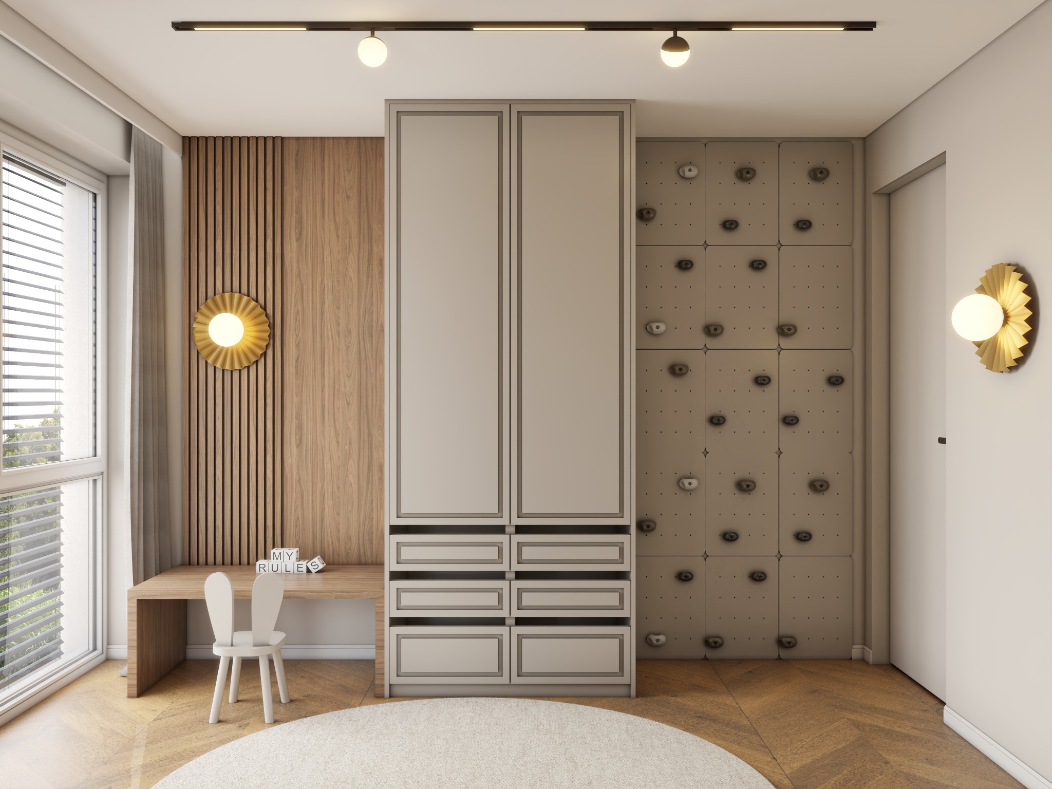 Pokój dziecięcy z biurkiem, szafą i ścianką wspinaczkową. Drewniane lamele i parkiet w jodełkę. Nowoczesne oświetlenie i dekoracje.