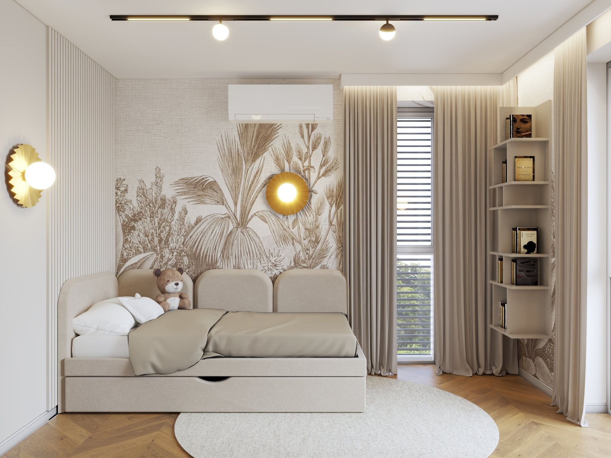 Jasny pokój dziecięcy w Kobylance z łóżkiem z szufladą, tapetą w roślinny wzór i złotymi akcentami. Nowoczesny design, miękkie oświetlenie, przytulna atmosfera.