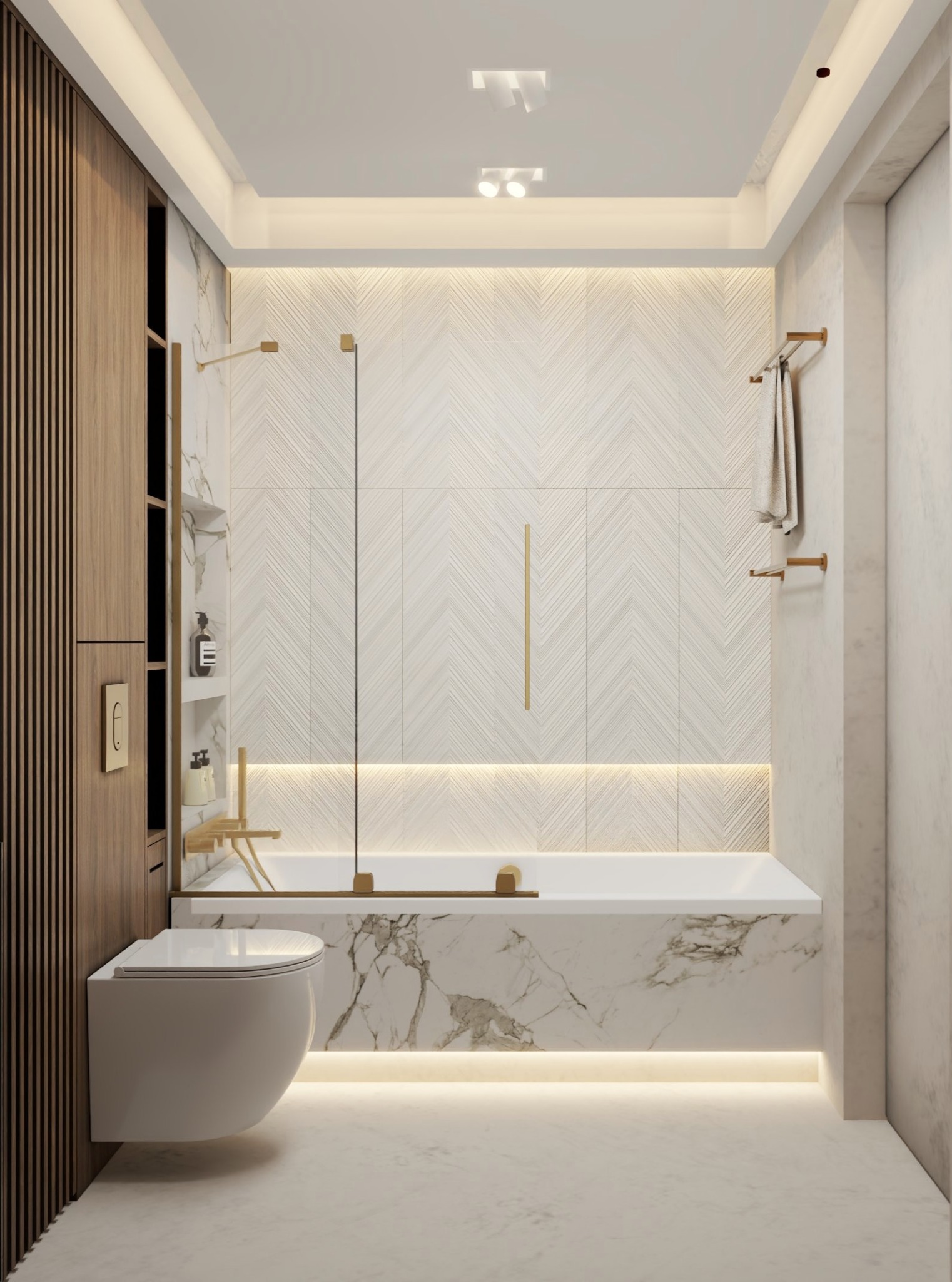Elegancka łazienka z wanną obłożoną marmurem, armaturą w kolorze złota i wzorem jodełki na ścianie. Całość dopełnia nastrojowe oświetlenie LED.