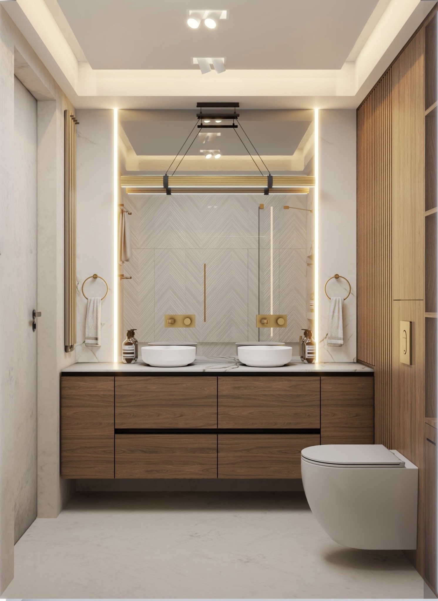 Elegancka łazienka z drewnianą szafką pod umywalką, białymi umywalkami i toaletą wiszącą. Oświetlenie LED podkreśla lustro i dekoracyjne panele ścienne.