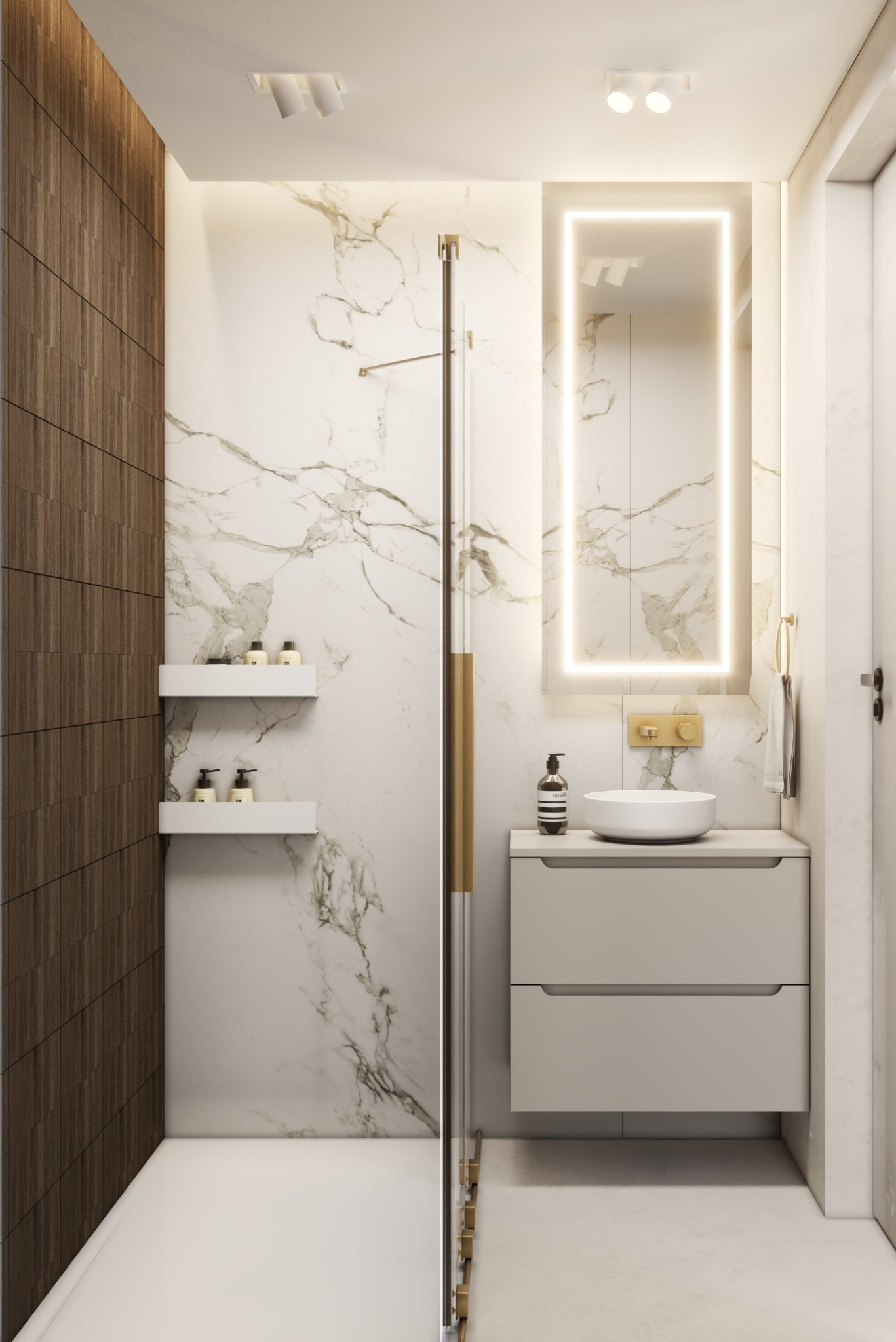Elegancka łazienka z kabiną prysznicową, marmurowymi płytkami i podświetlanym lustrem. Drewniane panele ścienne dodają ciepła. Minimalistyczny design i funkcjonalność.
