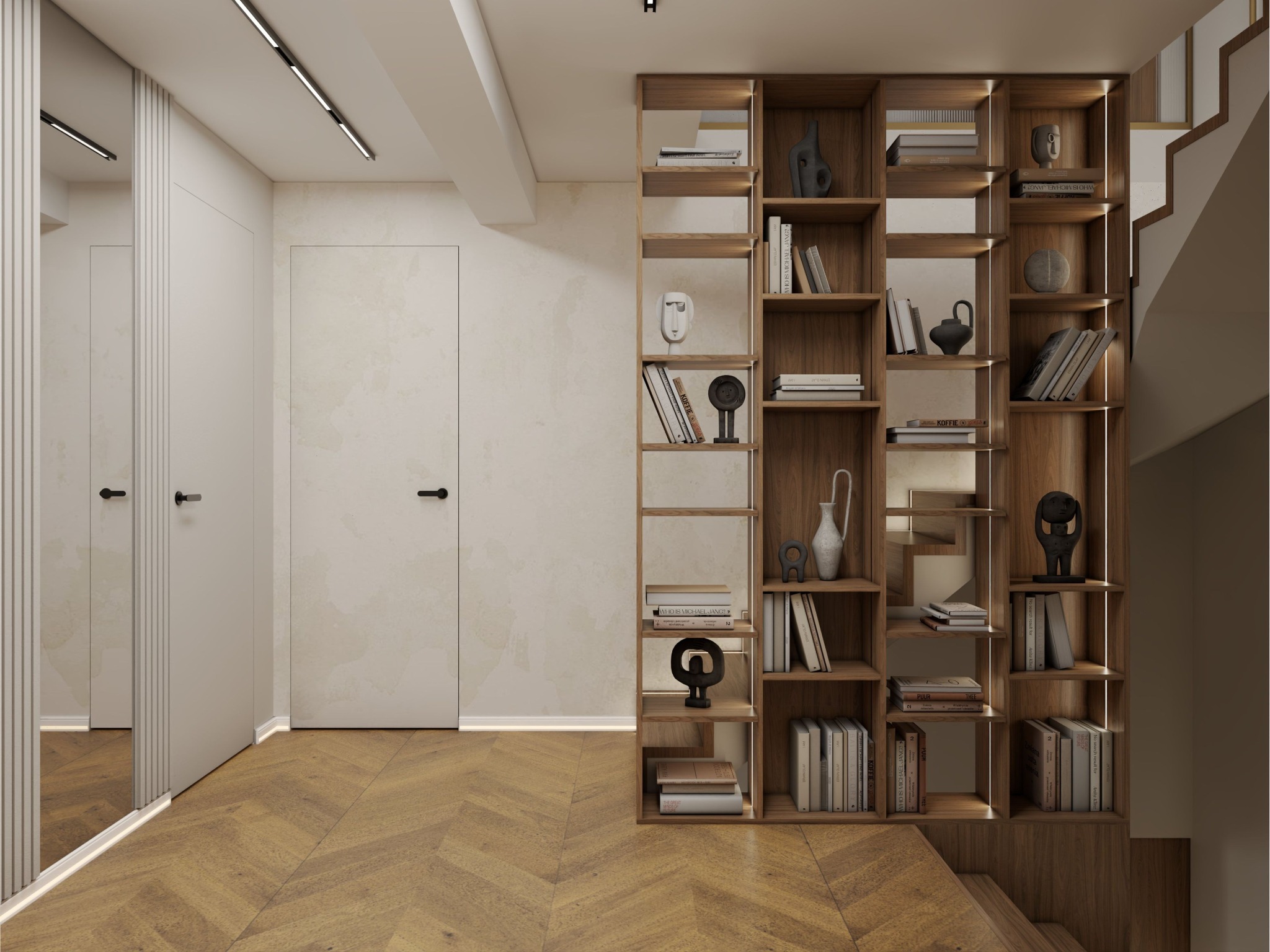 Nowoczesny hol z drewnianą podłogą w jodełkę, białe ściany z teksturą, ukryte drzwi i regał z książkami oraz dekoracjami, oświetlony ledami.