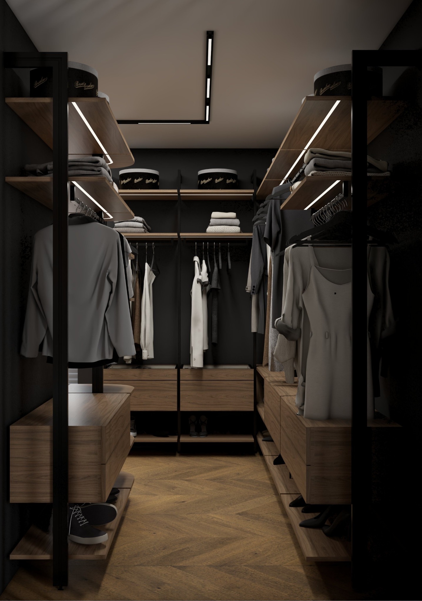 Nowoczesna garderoba z drewnianymi półkami, czarnymi elementami konstrukcyjnymi i oświetleniem LED. Ubrania wiszą na wieszakach, a buty leżą na dolnych półkach.