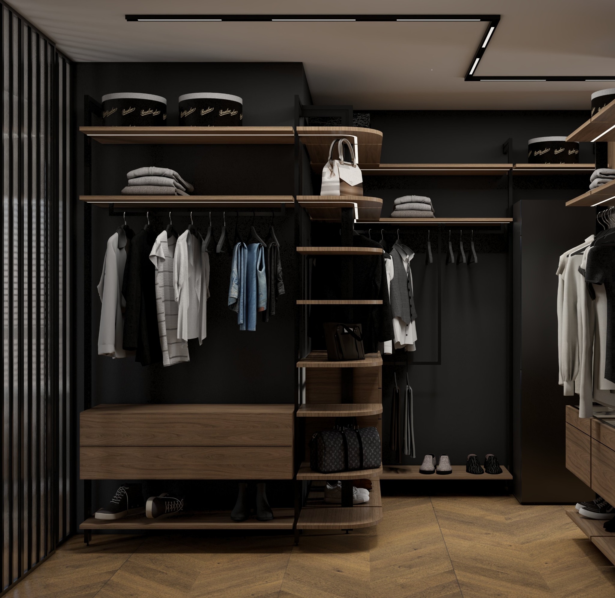 Nowoczesna garderoba w ciemnej tonacji z drewnianymi elementami. Ubrania wiszą na wieszakach, a na półkach leżą poskładane tekstylia i torebki. Całość oświetlona ledami.