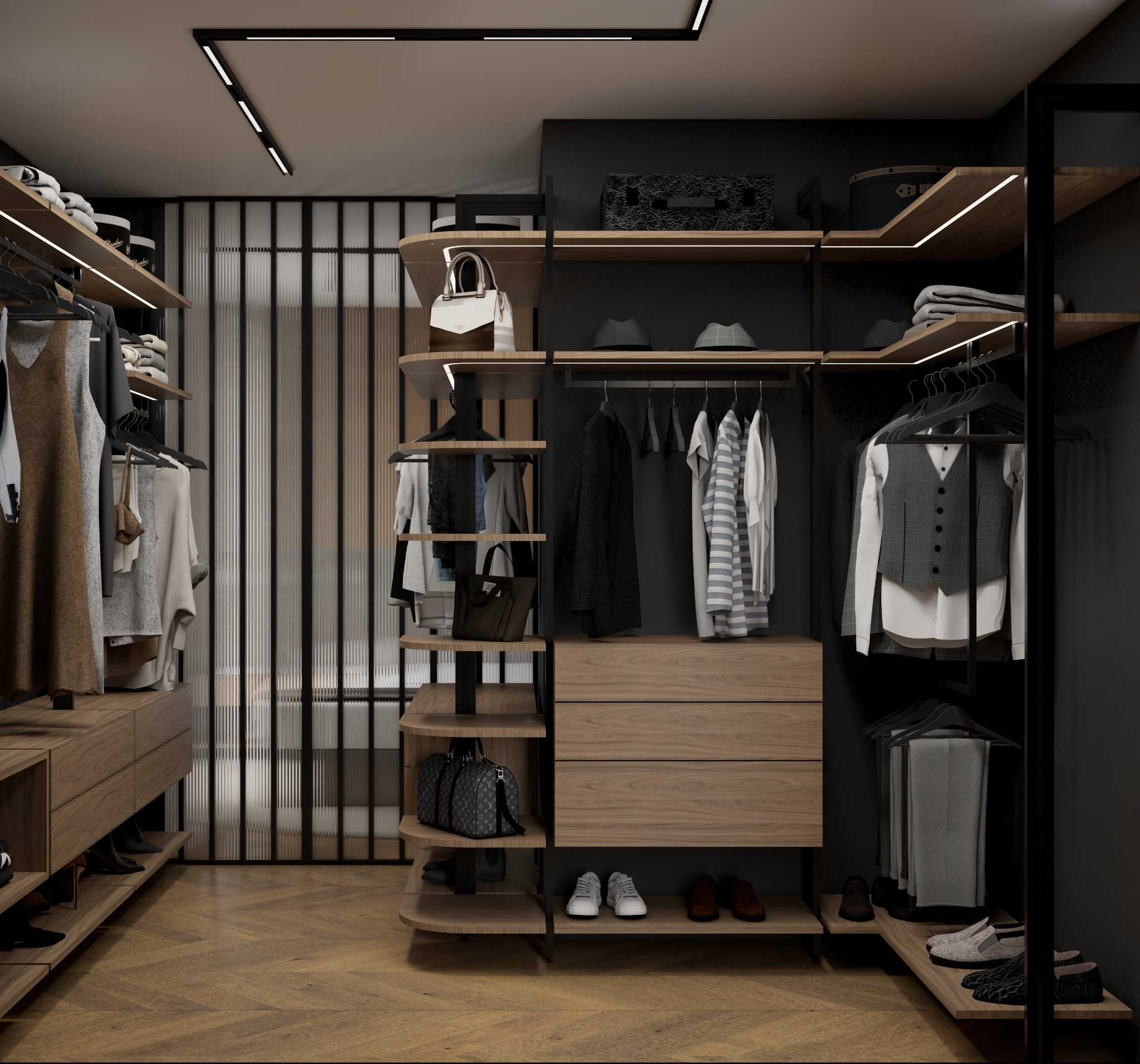 Nowoczesna garderoba z drewnianymi półkami i szufladami, oświetleniem LED i elegancką podłogą w jodełkę. Widoczne ubrania, torebki i buty.