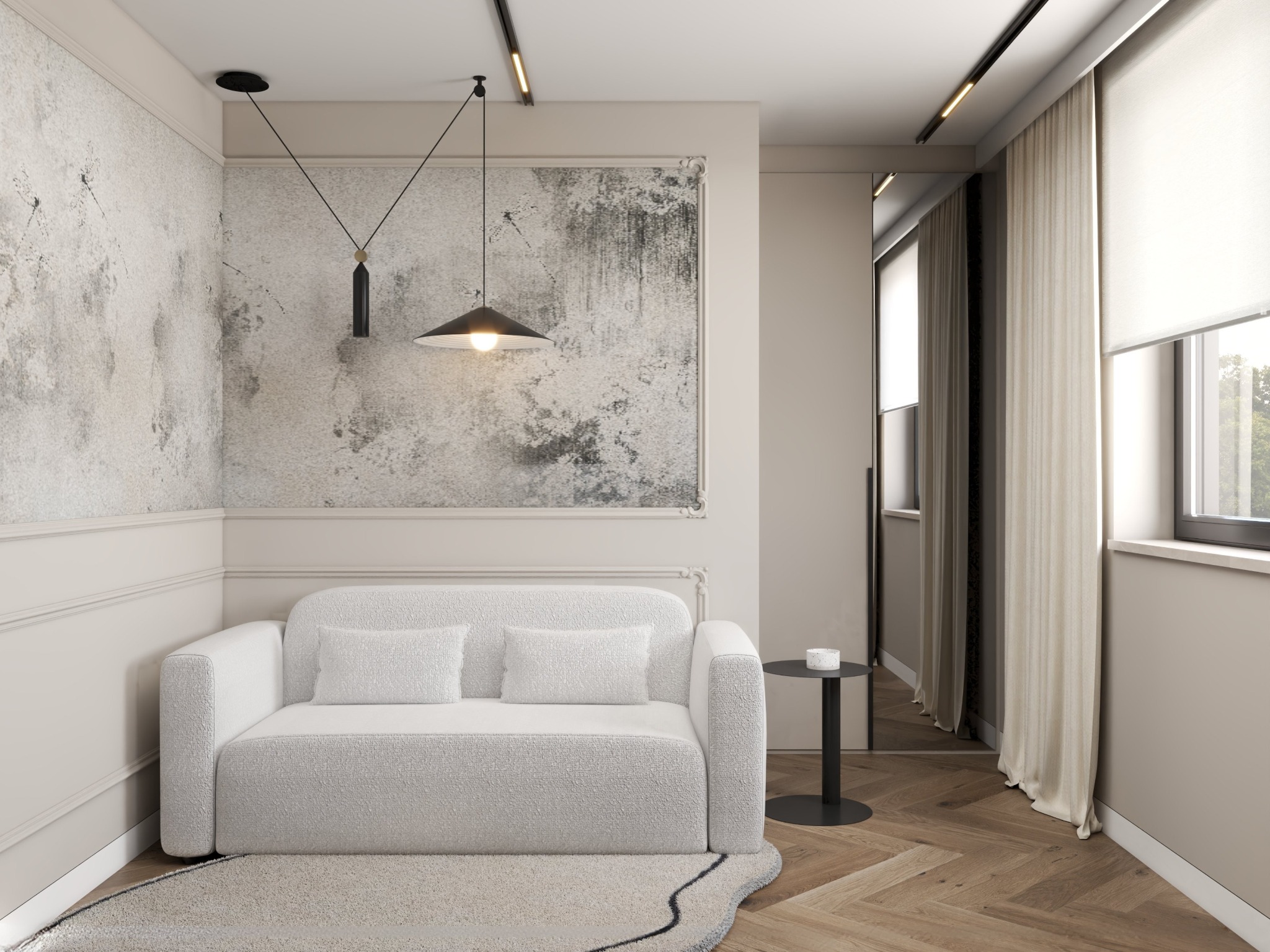 Neutralna aranżacja salonu: biała sofa z poduszkami na dywanie, stolik pomocniczy, designerska lampa wisząca na tle ściany z efektem betonu. Parkiet w jodełkę.