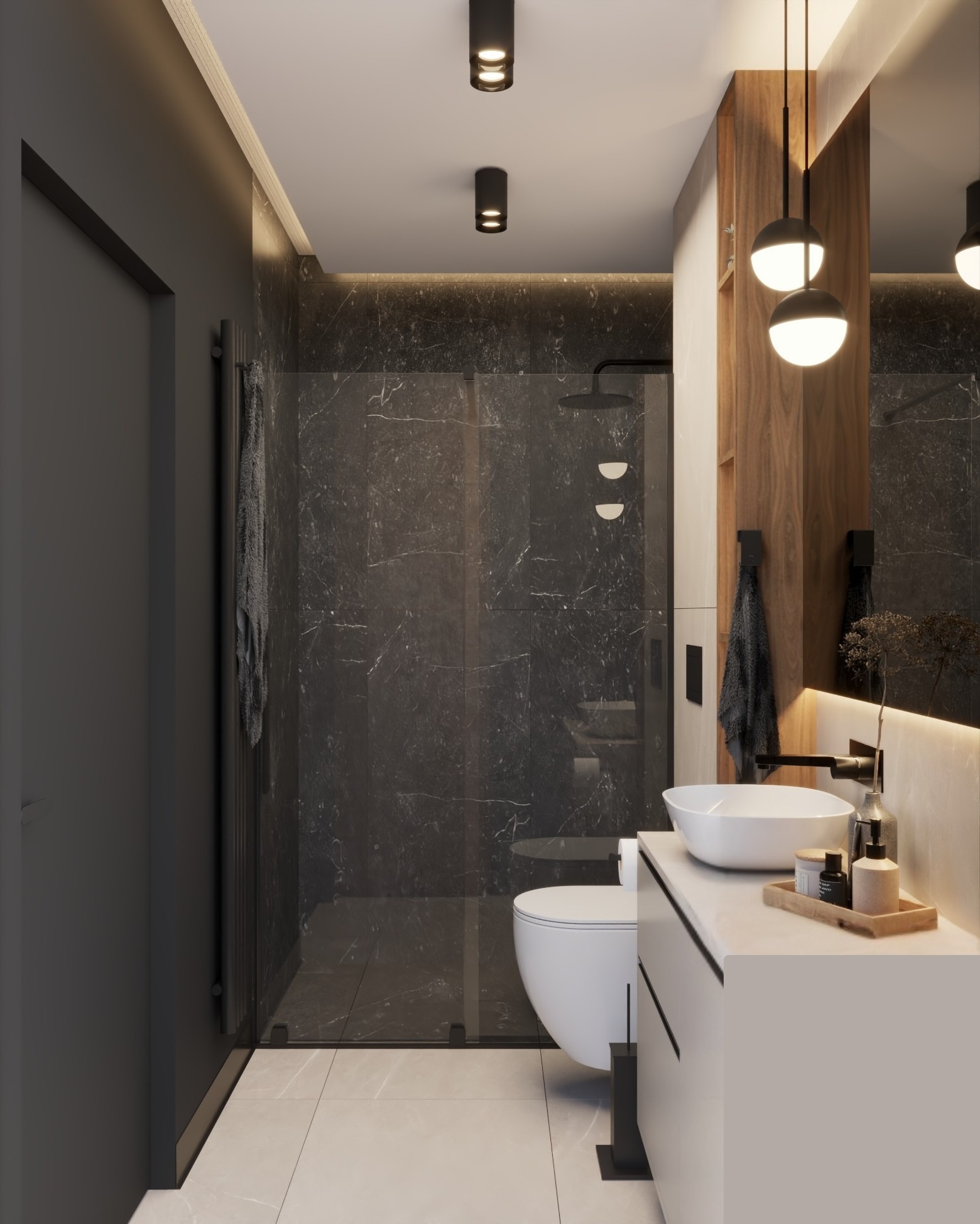 Nowoczesna łazienka z kabiną prysznicową w stylu black marble, białą umywalką nablatową i wiszącą toaletą. Oświetlenie punktowe i dekoracyjne.